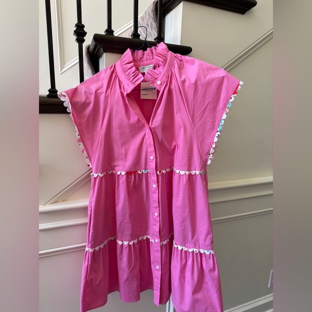 CROSBY by Mollie Burch Pink Tiered Mini Sundress with Mandarin Collar